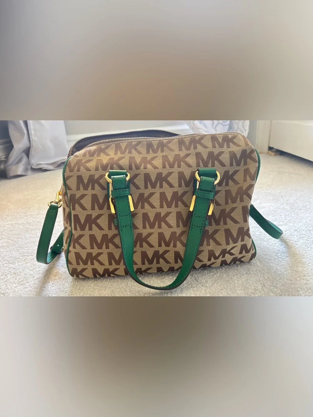 Michael Kors Purse with Green Leather Trim and Gold Accents